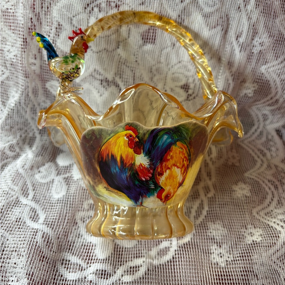 The Bradford Exchange Country Pride Morning Glory Rooster Art Glass Basket